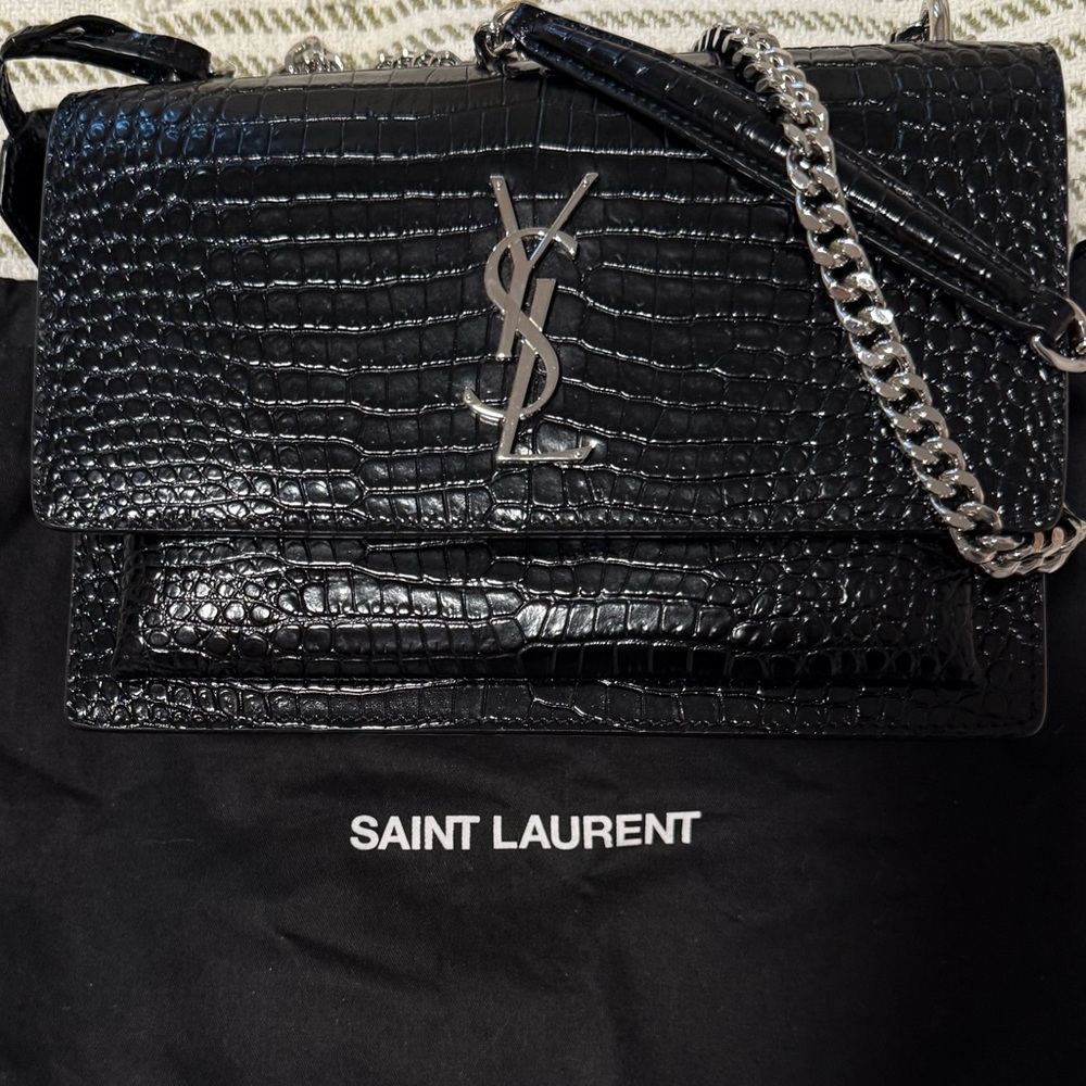 Saint Laurent Sunset Black Croc-Embossed Crossbody Bag